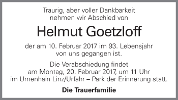 Traueranzeige von Helmut Goetzloff von OÖNachrichten