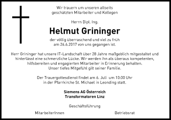 Traueranzeige von Helmut Grininger von OÖNachrichten