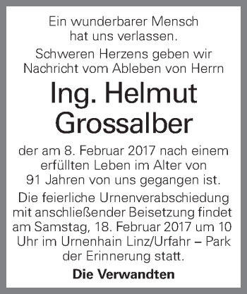 Traueranzeige von Helmut Grossalber von OÖNachrichten
