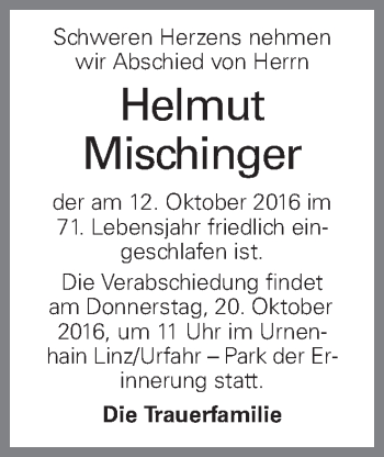 Traueranzeige von Helmut Mischinger von OÖNachrichten