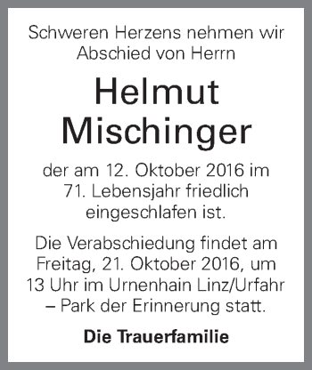 Traueranzeige von Helmut Mischinger von OÖNachrichten