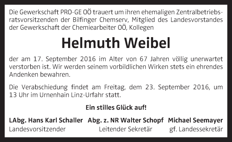  Traueranzeige für Helmuth Weibel vom 21.09.2016 aus OÖNachrichten