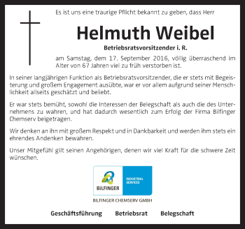 Traueranzeige von Helmuth Weibel von OÖNachrichten