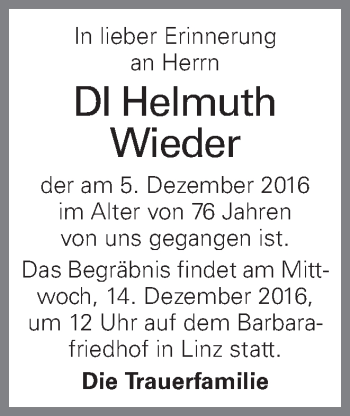 Traueranzeige von Helmuth Wieder von OÖNachrichten