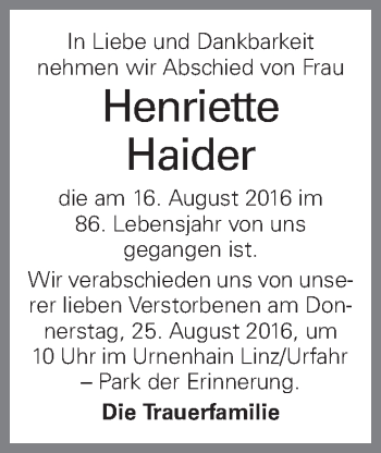 Traueranzeige von Henriette Haider von OÖNachrichten