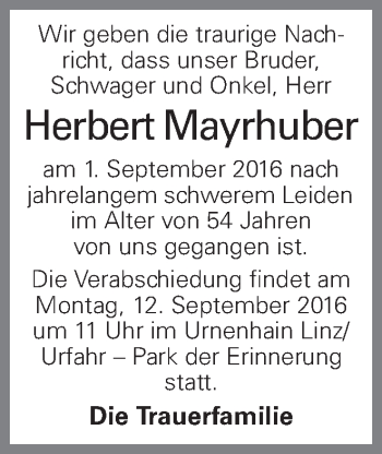 Traueranzeige von Herbert Mayrhuber von OÖNachrichten