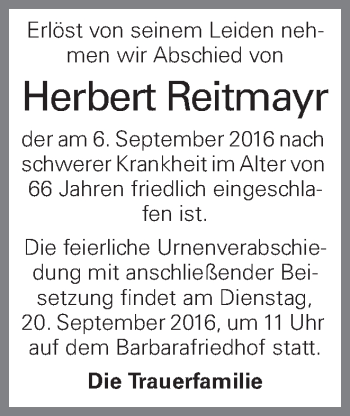 Traueranzeige von Herbert Reitmayr von OÖNachrichten