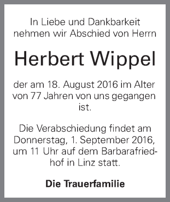 Traueranzeige von Herbert Wippel von OÖNachrichten