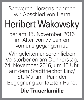 Traueranzeige von Heribert Wakowsky von OÖNachrichten