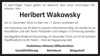 Traueranzeige von Heribert Wakowsky von OÖNachrichten