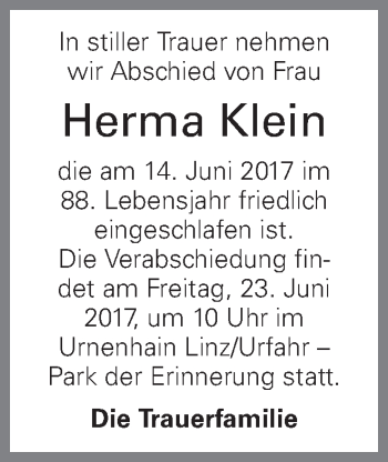 Traueranzeige von Herma Klein von OÖNachrichten