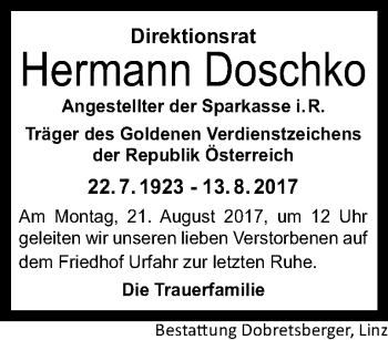 Traueranzeige von Hermann Doschko von OÖNachrichten