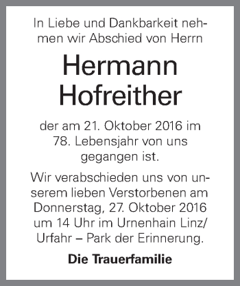 Traueranzeige von Hermann Hofreither von OÖNachrichten