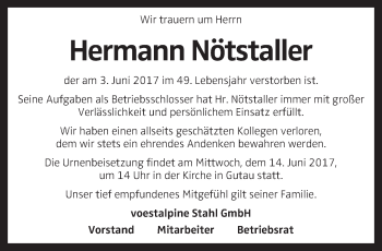 Traueranzeige von Hermann Nötstaller von OÖNachrichten
