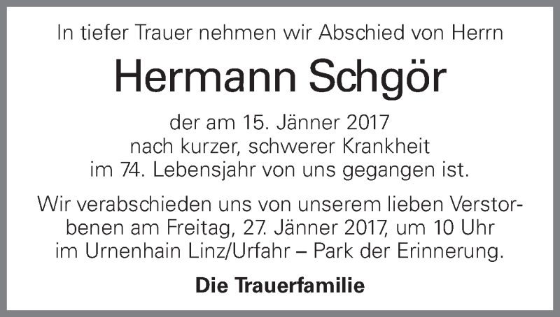  Traueranzeige für Hermann Schgör vom 19.01.2017 aus OÖNachrichten