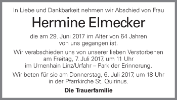 Traueranzeige von Hermine Elmecker von OÖNachrichten