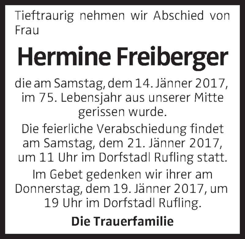  Traueranzeige für Hermine Freiberger vom 17.01.2017 aus OÖNachrichten