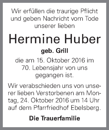 Traueranzeige von Hermine Huber von OÖNachrichten