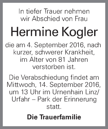 Traueranzeige von Hermine Kogler von OÖNachrichten