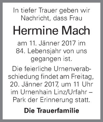 Traueranzeige von Hermine Mach von OÖNachrichten
