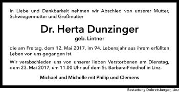 Traueranzeige von Herta Dunzinger von OÖNachrichten