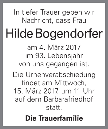 Traueranzeige von Hilde Bogendorfer von OÖNachrichten