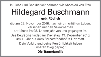 Traueranzeige von Hildegard Buschmann von OÖNachrichten
