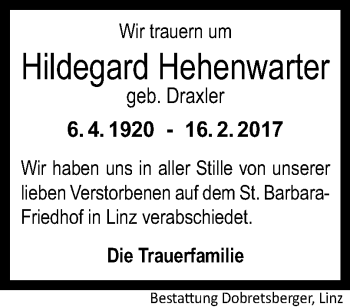Traueranzeige von Hildegard Hehenwarter von OÖNachrichten