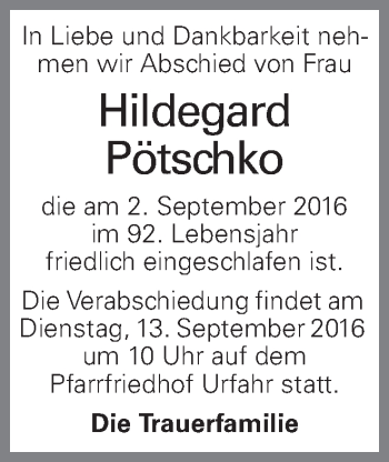 Traueranzeige von Hildegard Pötschko von OÖNachrichten