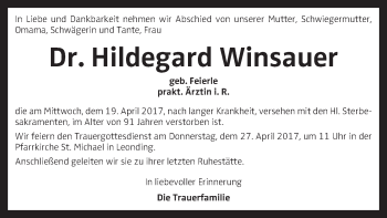Traueranzeige von Hildegard Winsauer von OÖNachrichten