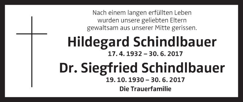  Traueranzeige für Hildegard und Siegfried Schindlbauer vom 06.07.2017 aus OÖNachrichten