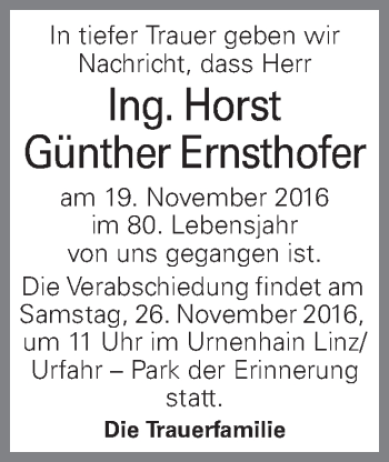 Traueranzeige von Horst Günther Ernsthofer von OÖNachrichten