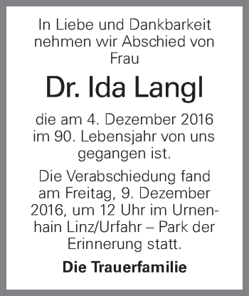 Traueranzeige von Ida Langl von OÖNachrichten