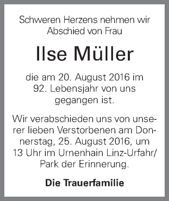 Traueranzeige von Ilse Müller von OÖNachrichten
