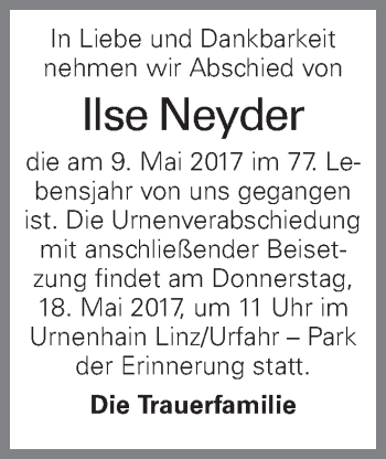 Traueranzeige von Ilse Neyder von OÖNachrichten