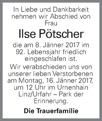 Traueranzeige von Ilse Pötscher von OÖNachrichten