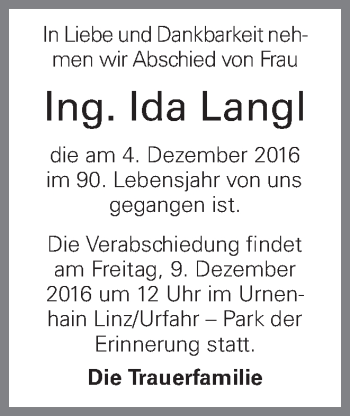 Traueranzeige von Ing. Ida Langl von OÖNachrichten