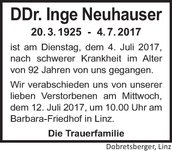 Traueranzeige von Inge Neuhauser von OÖNachrichten