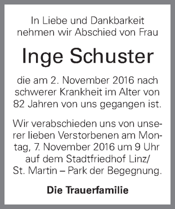 Traueranzeige von Inge Schuster von OÖNachrichten