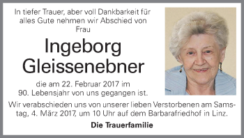 Traueranzeige von Ingeborg Gleissenebner von OÖNachrichten