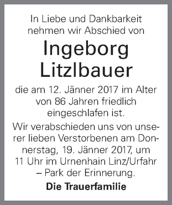 Traueranzeige von Ingeborg Litzlbauer von OÖNachrichten