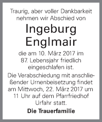 Traueranzeige von Ingeburg Englmair von OÖNachrichten