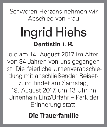 Traueranzeige von Ingrid Hiehs von OÖNachrichten