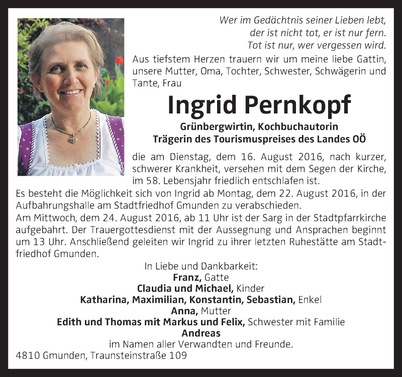  Traueranzeige für Ingrid Pernkopf vom 20.08.2016 aus OÖNachrichten