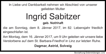 Traueranzeige von Ingrid Sabitzer von OÖNachrichten