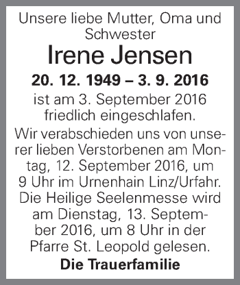 Traueranzeige von Irene Jensen von OÖNachrichten
