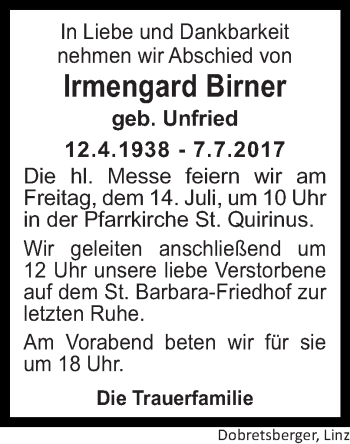 Traueranzeige von Irmengard Birner von OÖNachrichten