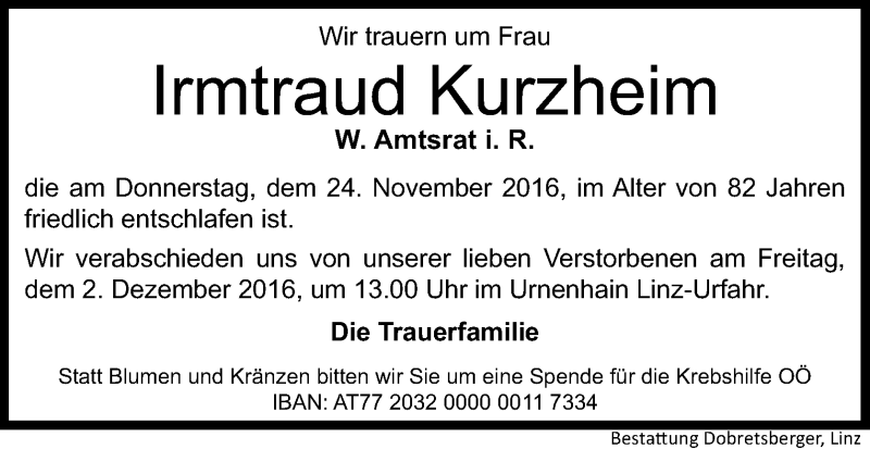  Traueranzeige für Irmtraud Kurzheim vom 26.11.2016 aus OÖNachrichten