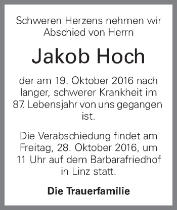 Traueranzeige von Jakob Hoch von OÖNachrichten