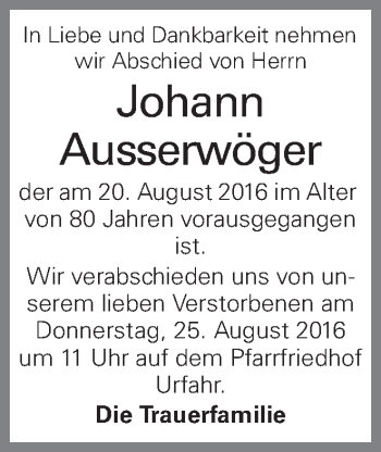 Traueranzeige von Johann Ausserwöger von OÖNachrichten